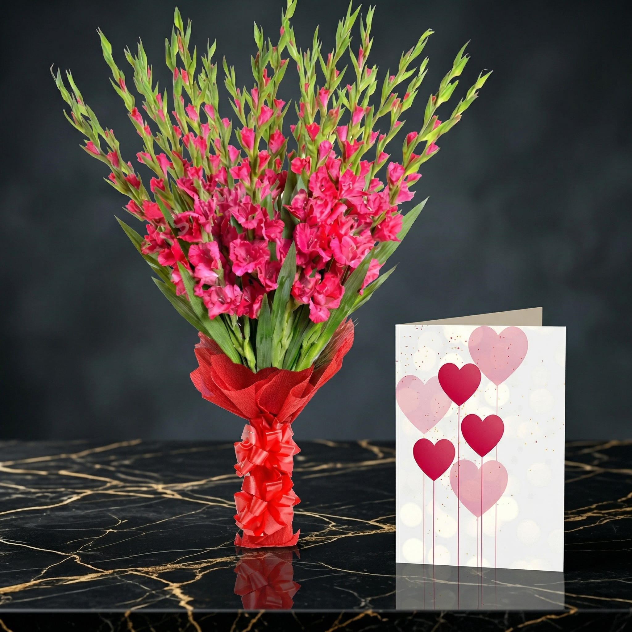 Elegant Mother’s Day Duo – Pink Gladiolus Vase & Heart Balloons Card (PGS)