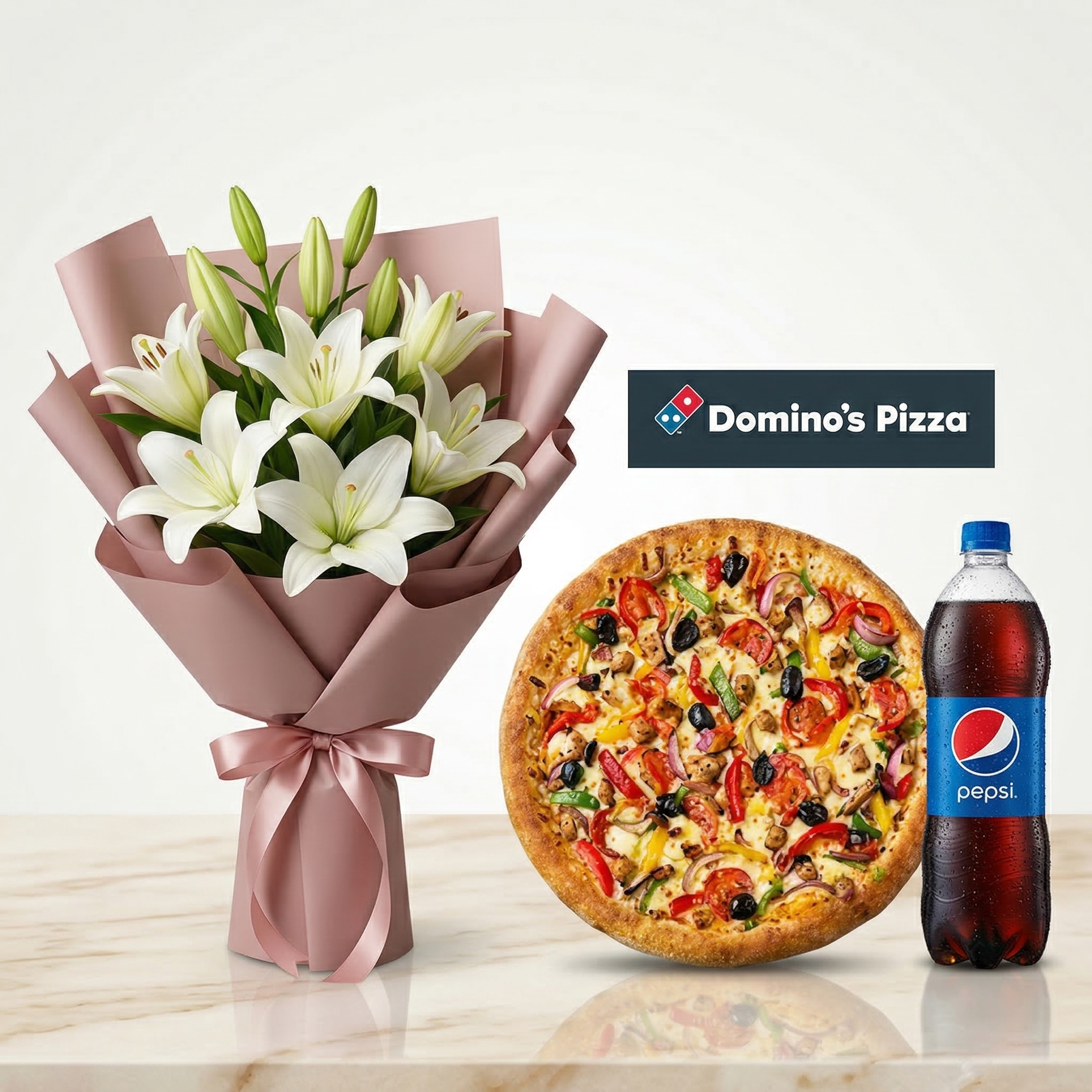Elegant Lily & Domino’s Feast – 4 Imported Stems & Large Pizza Meal
