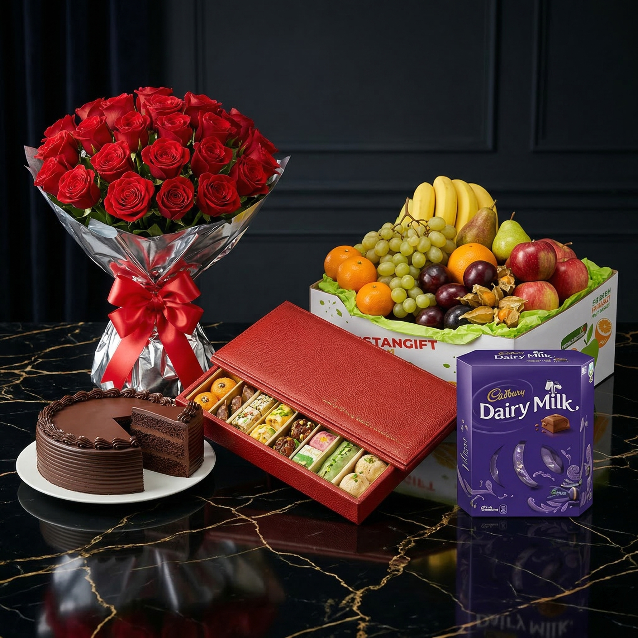 The Ultimate Celebration Mega Bundle – Roses, 5-Star Cake, Mithai, Chocolates & 7 KG Fruits