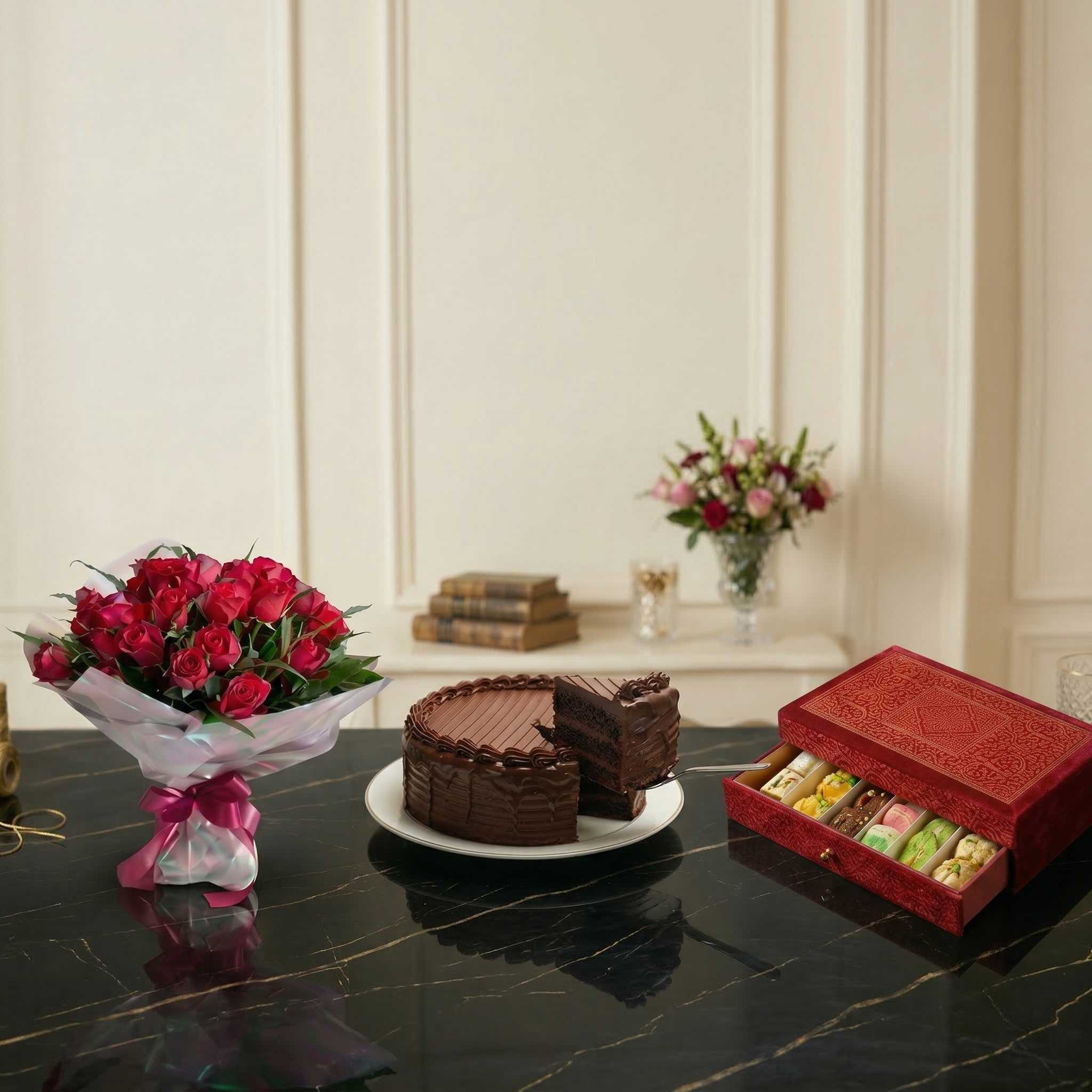 The Ultimate Celebration Trio – 24 Red Roses, 5-Star Cake & 2 KG Mithai