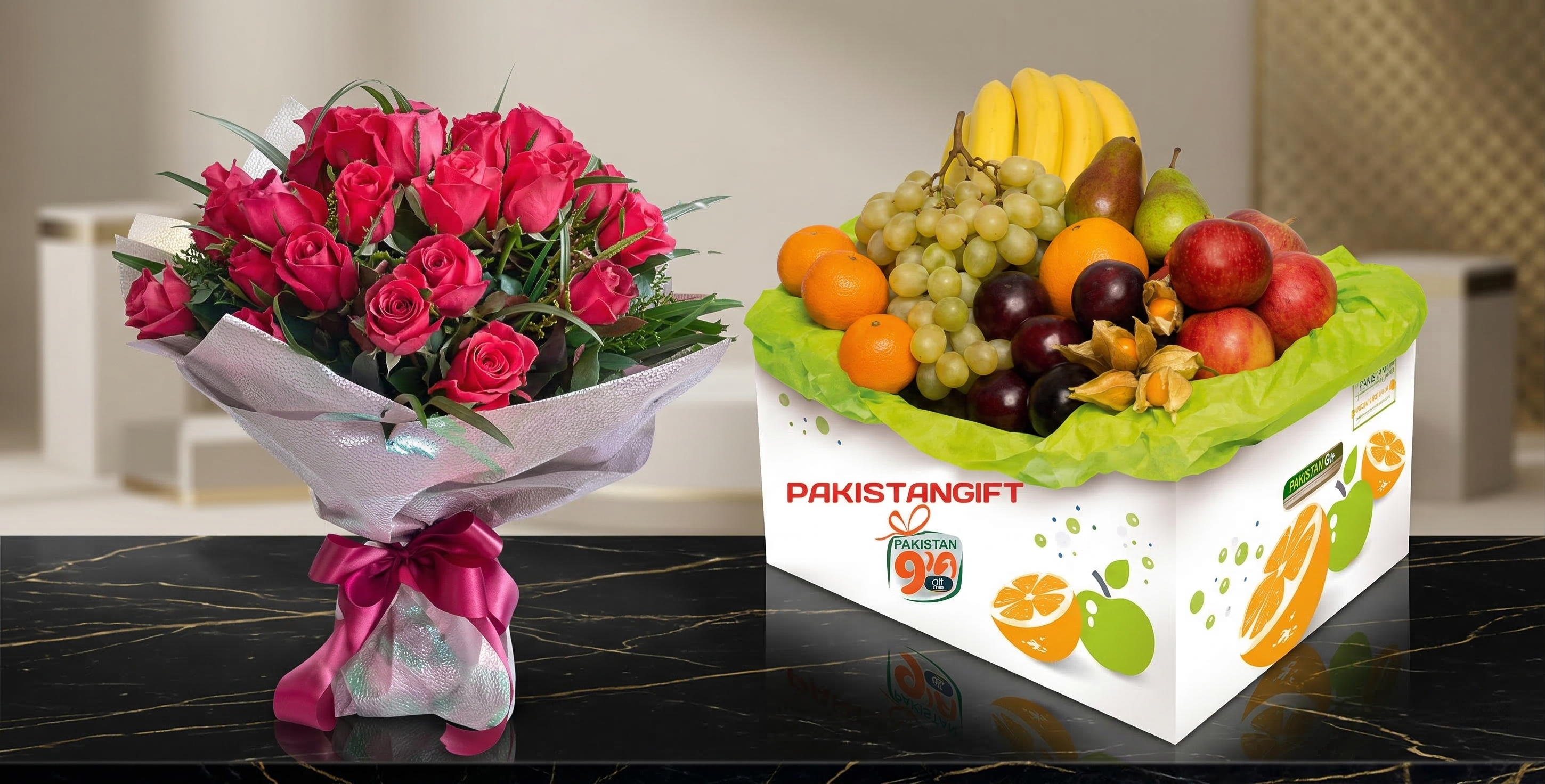 Grand Health & Beauty Combo – 24 Red Roses & 7 KG Fresh Fruit Basket