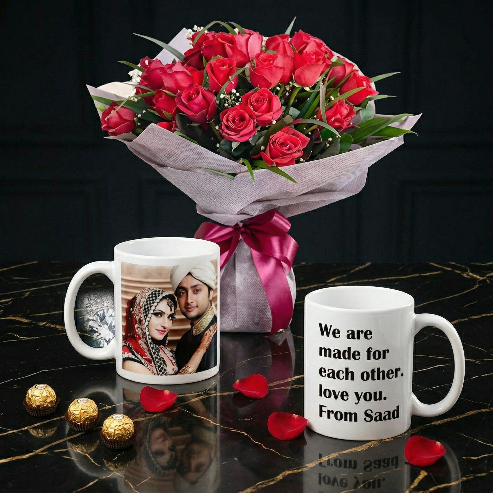 The Personalized Petal & Portrait Combo – 2 Dozen Red Roses & Custom Mug