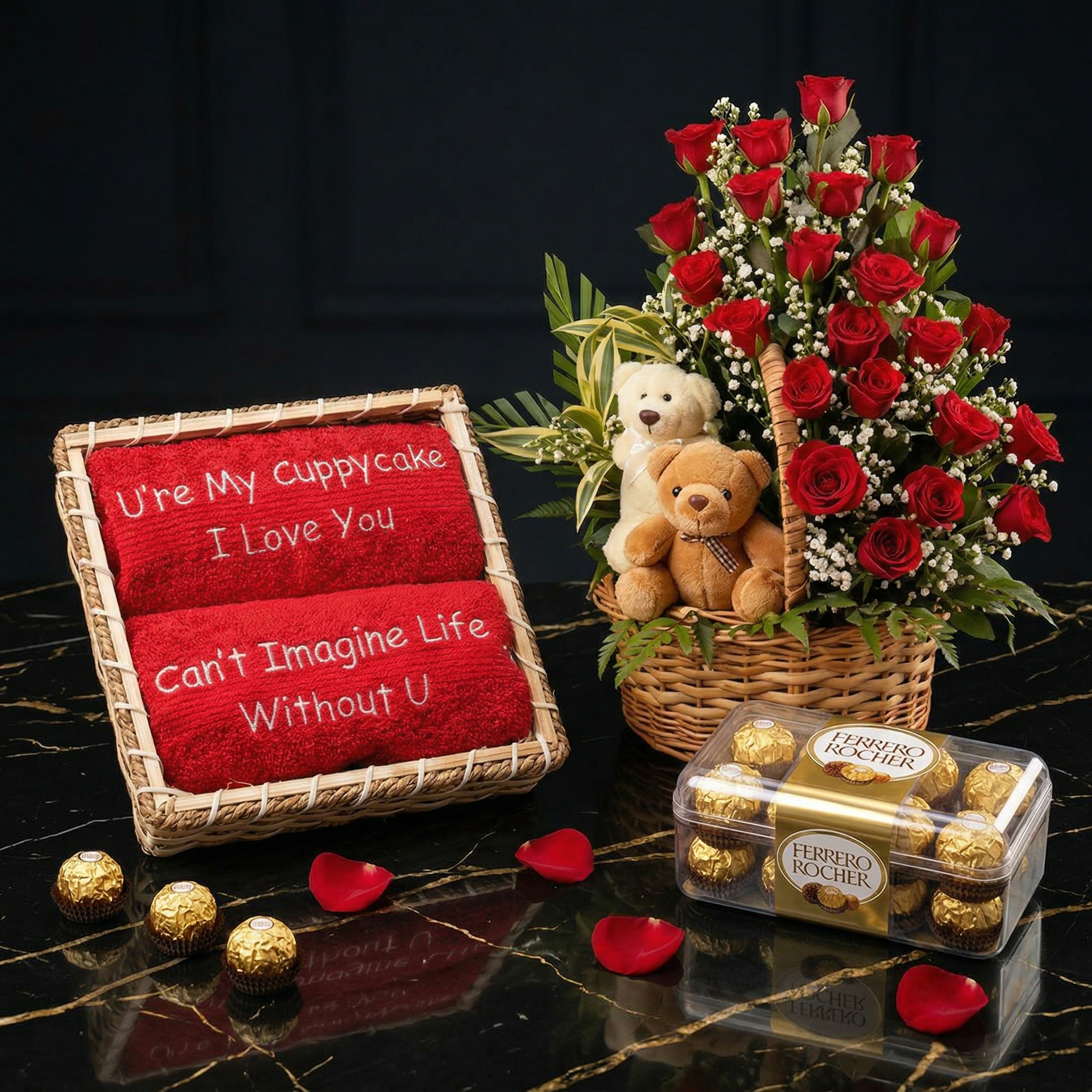 The Romantic Sentiment Suite – Custom Towels, 3 Dozen Roses & Ferrero Rocher