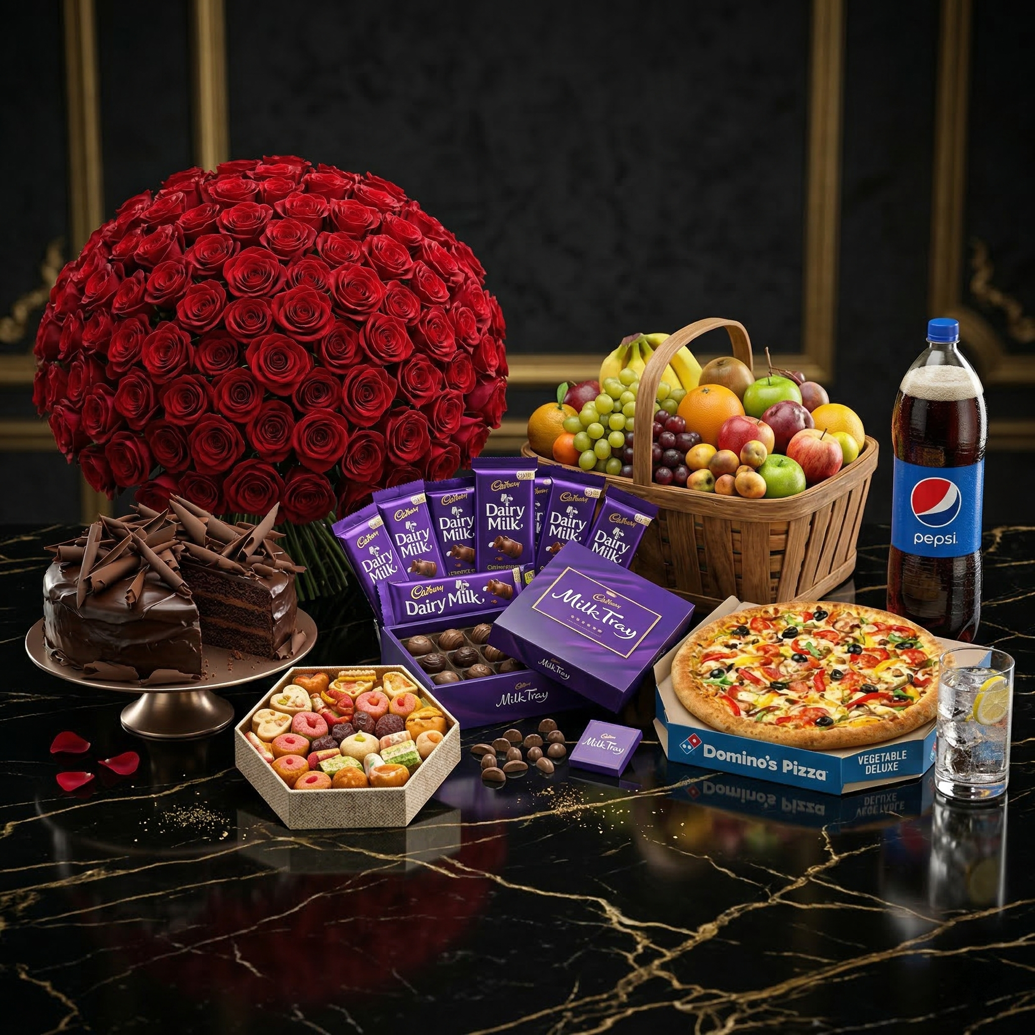 The Imperial Majestic Mega Feast – 5 Dozen Roses, 4.4 Lbs 5-Star Cake, Mithai, Fruits & Pizza