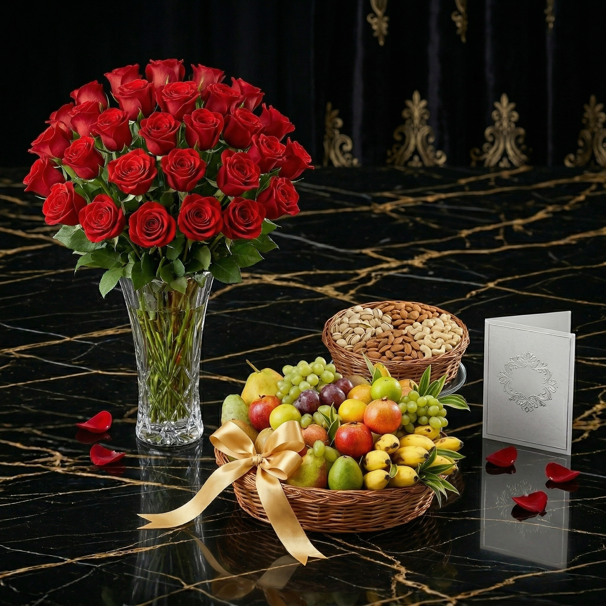 The Harvest & Bloom Grand Basket – 2 Dozen Mix Flowers, 8 KG Fruits & 1 KG Dry Fruits