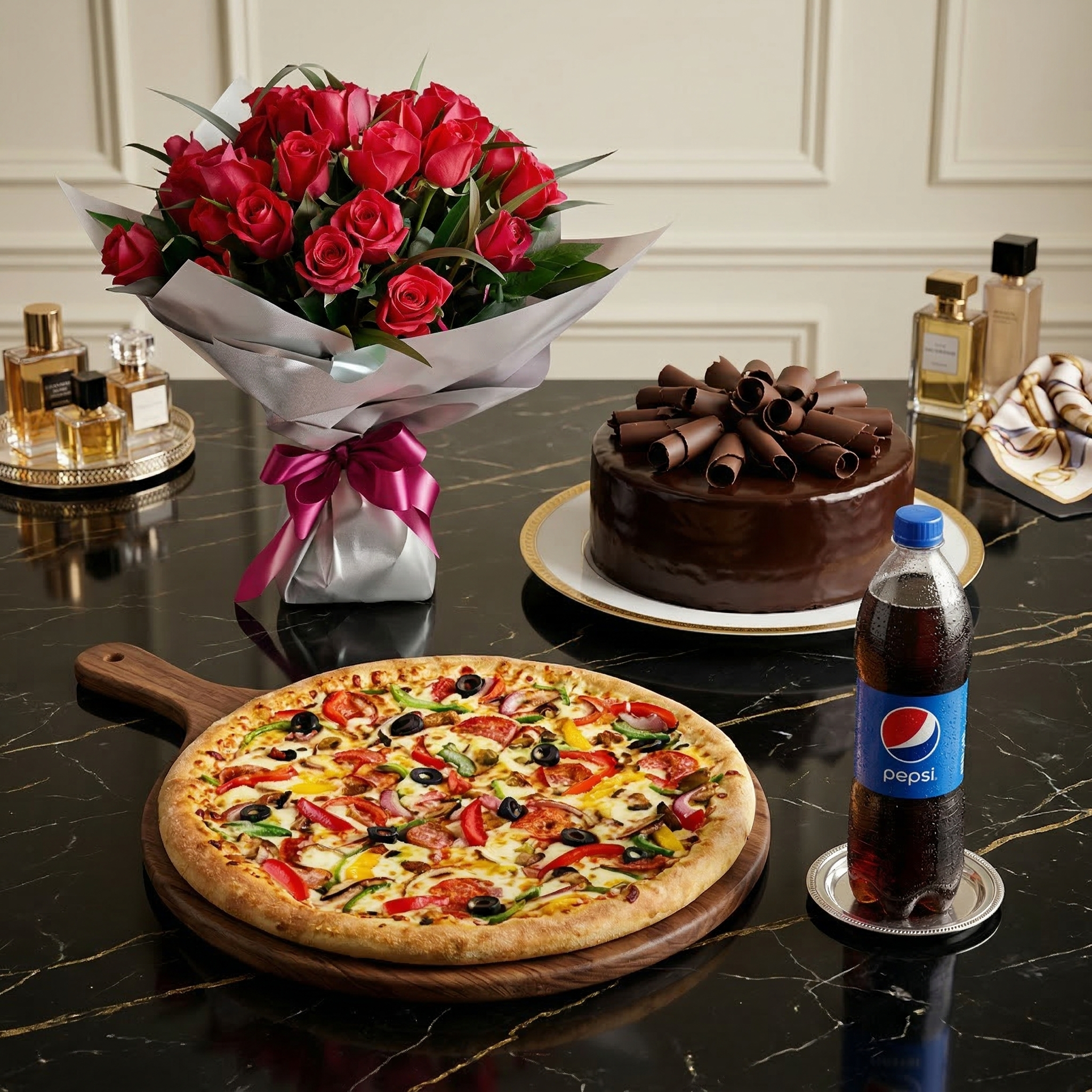The Perfect Date Night Bundle – 24 Red Roses, 5-Star Cake & Domino’s Pizza Meal