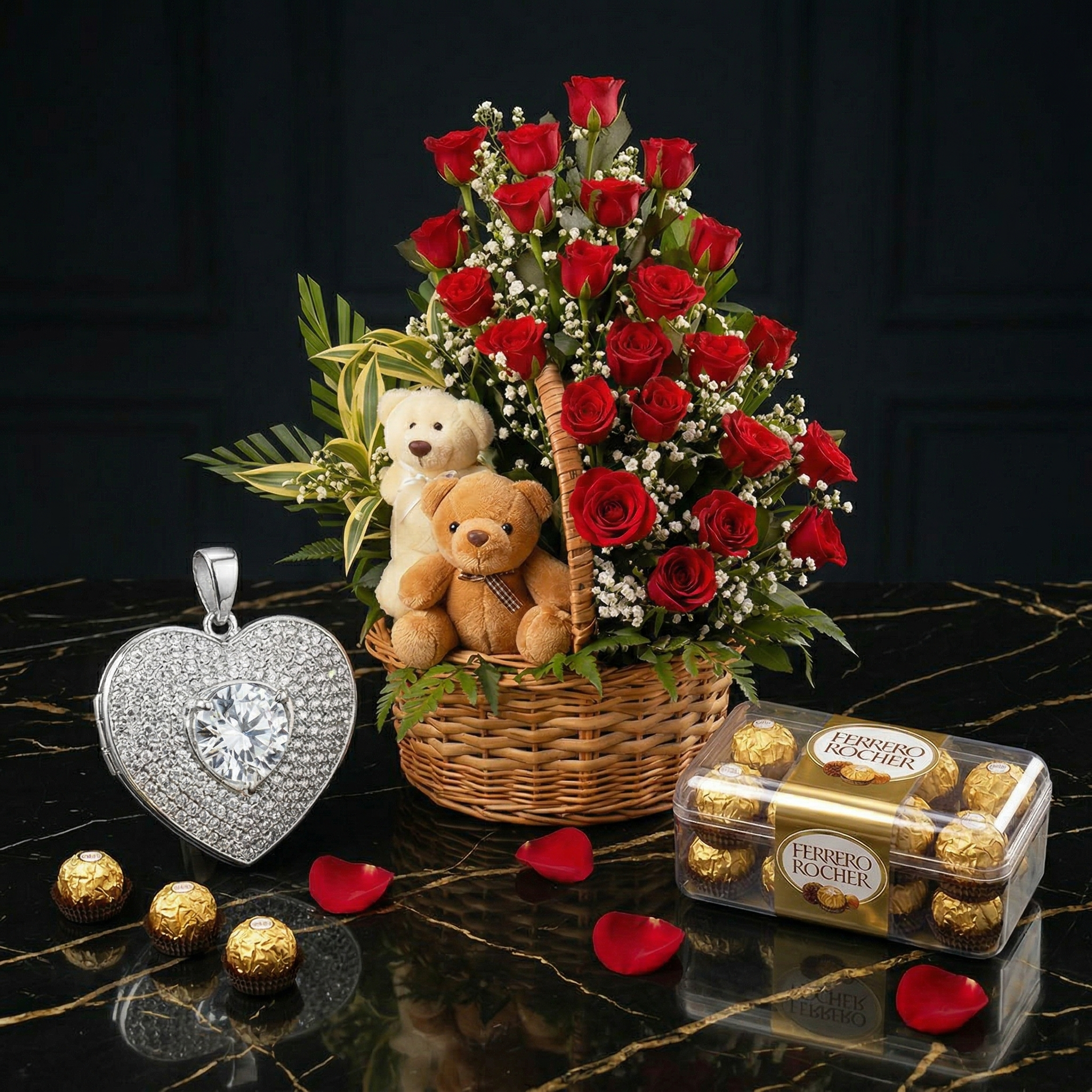 The Silver Heart & Roses Romance – Locket, 2 Dozen Roses & Ferrero Rocher