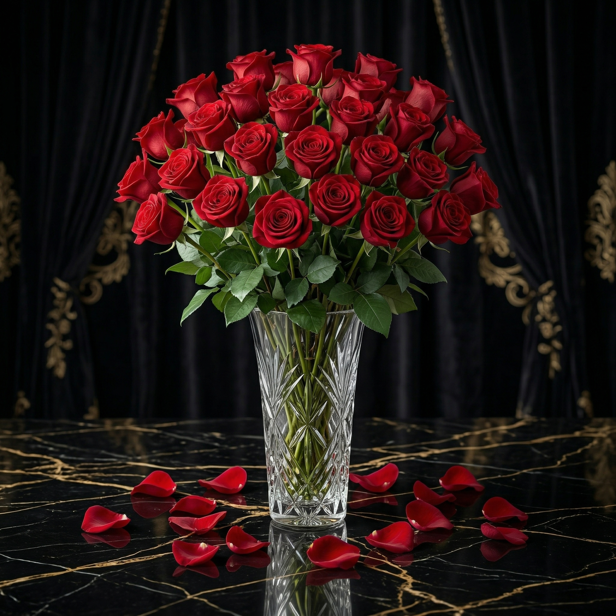 The Royal Evening & Floral Grandeur – 36 Red Roses in Vase & PC Hotel Dinner for 2