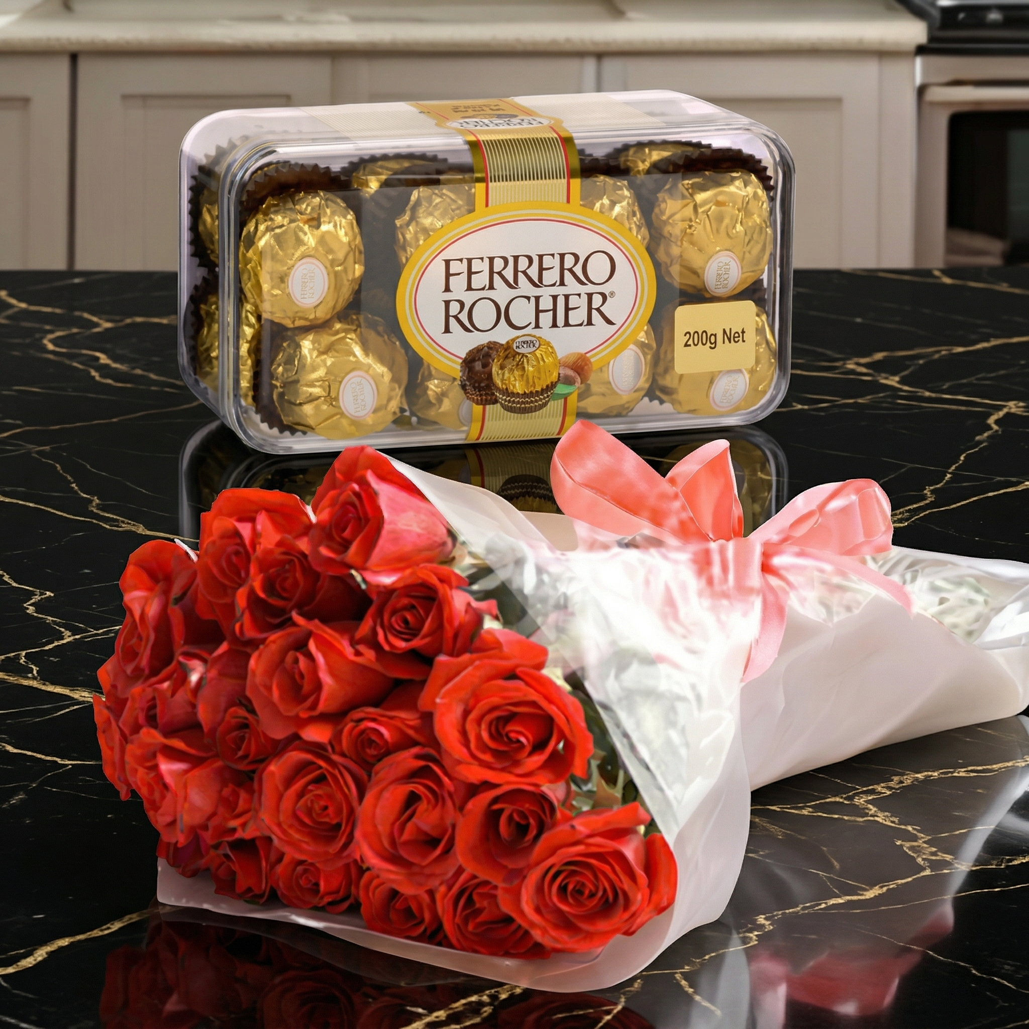 The Golden Romance – 2 Dozen Red Roses & Ferrero Rocher Box