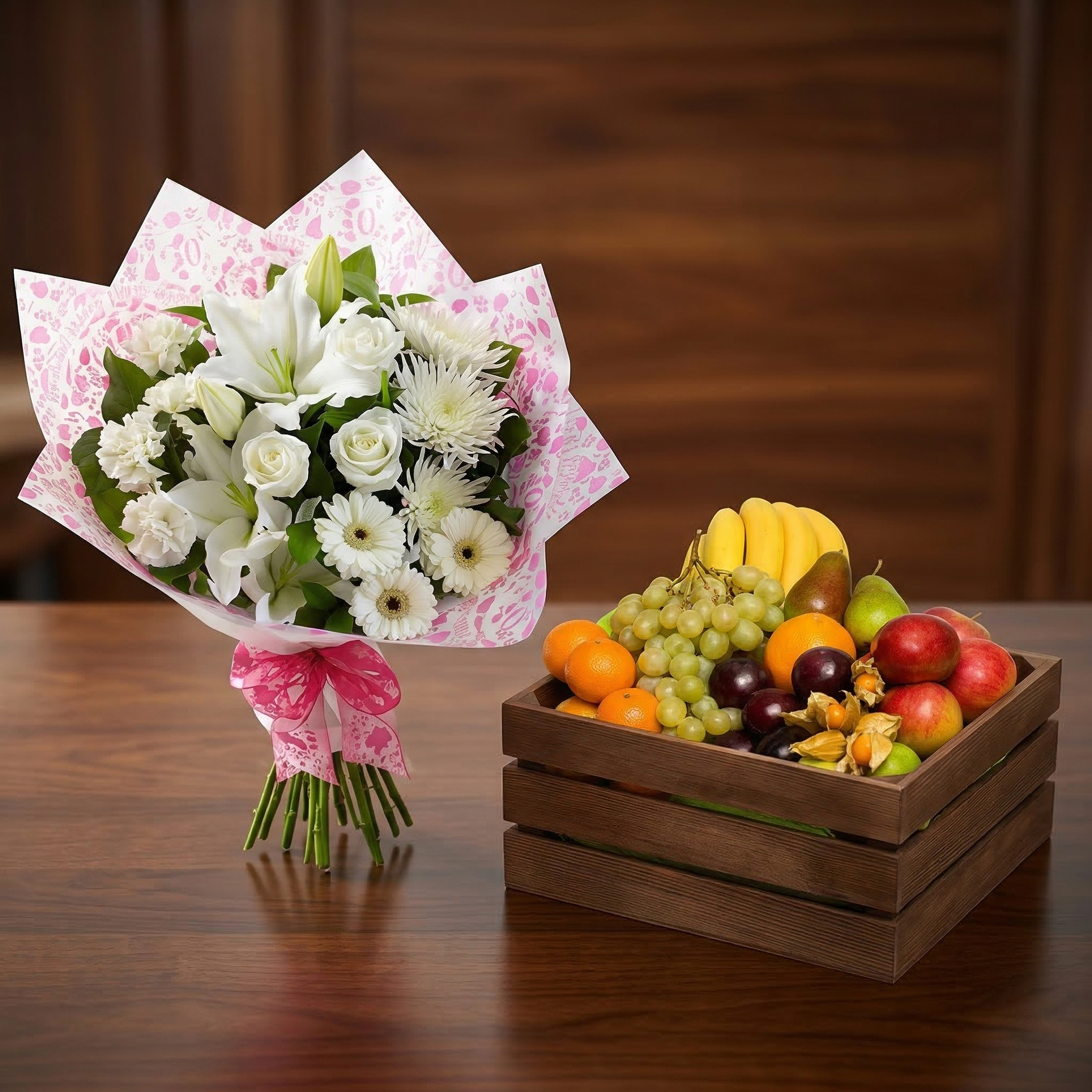 White Floral Serenity & Harvest – 36 Imported Blooms & 7 KG Fruit Basket