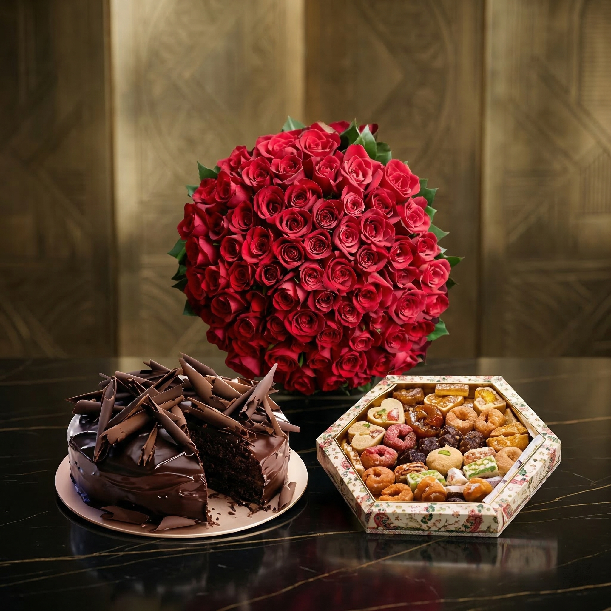 The Royal Celebration Mega Bundle – 60 Red Roses, 4.4 Lbs 5-Star Cake & 4 KG Mithai
