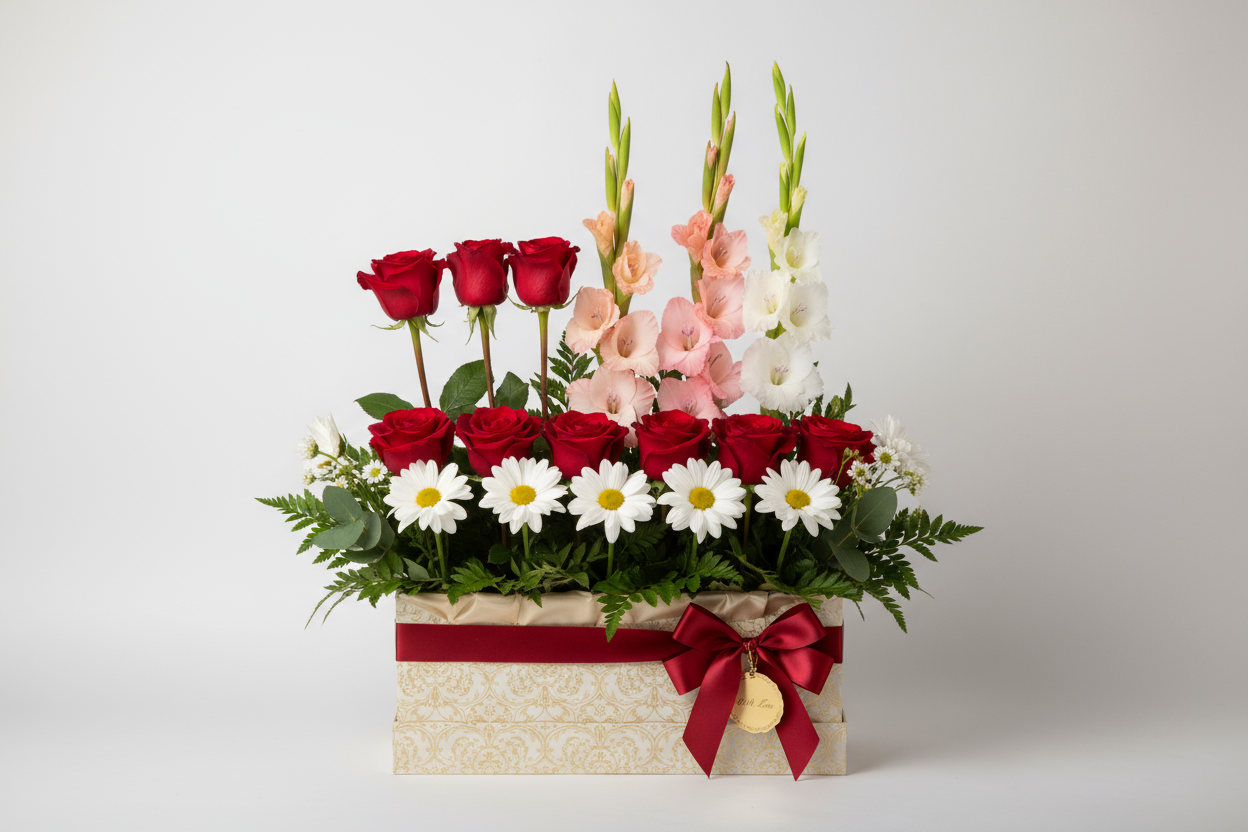 Box arrangement — 4 Daisy, 6 Long Stem Roses aur 4 Gladiolus. Stylish aur classy presentation.

🎁 Includes:
4 Daisy stems
6 Roses
4 Gladiolus
Gift box
Free greeting card &amp; delivery

💐 Perfect For:
Birthday, romantic or elegant gift