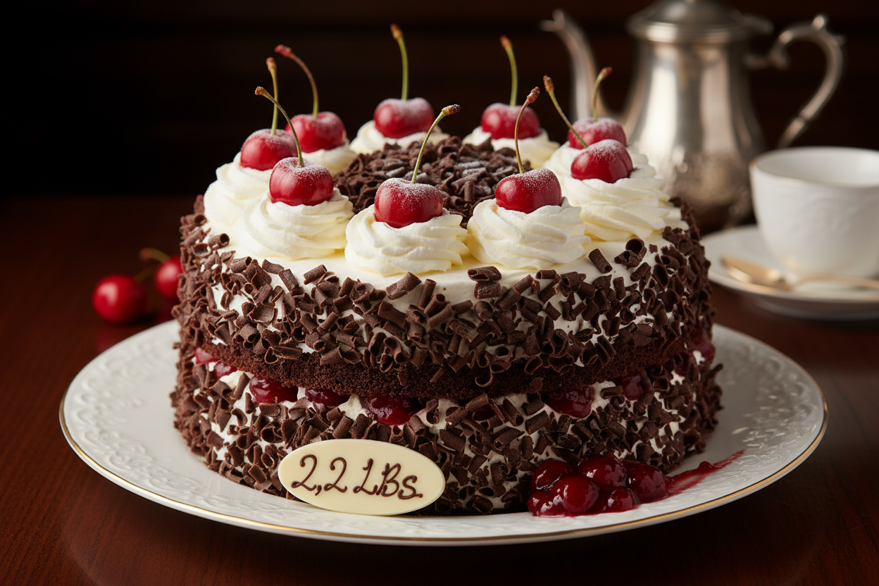 Classic black forest cake with cherries and cream.

🎁 Includes:
2.2 LBS Black Forest Cake
From PC Hotel Lahore
