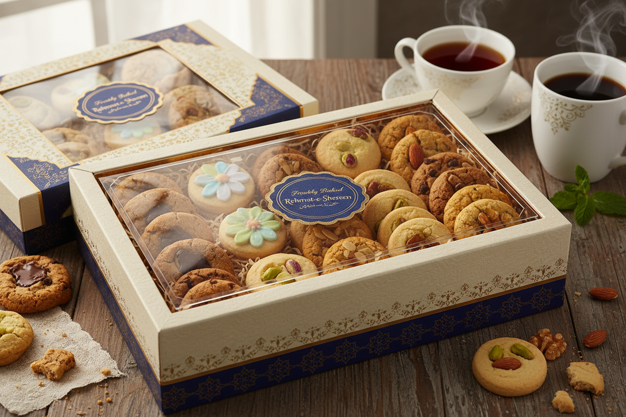 Cookies Pack by Rehmat-e-Shereen ek pyara sa gift hai jo sweetness ki zaroorat puri kare — chaahe chai-coffee ke sath ho ya bas thodi mithaas ka mood ho. Har cookie perfectly baked, swaad-se bharpur aur texture mein aisa ke thodi crisp bahar, thodi soft andar ho.

Kyun Chunein Cookies Pack?

Freshness Pe Focus: Taiyaar baklava ki tarah nahin, balki freshly baked cookies honge, jisse flavour aur aroma dono zinda rahein.

Variety Ya Simplicity: Agar assortment ho (chocolate chip, sugar, nutty etc.) toh har bi
