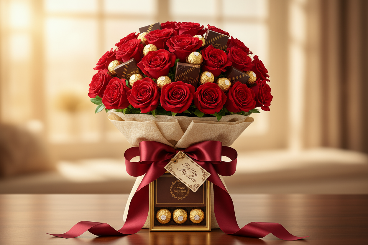 Dilchasp Tafaqqo, Yaadgar Jazbaat

Khoobsurat Red Roses: Har ek gulab mohabbat aur jazbaat ka paigham deta hai, jo aapke dil ki baat ko behtareen tareeqe se izhaar karta hai.

Premium Chocolates: Yeh bouquet me premium chocolates ka combination hai, jo meetha pan aur khushi ka izhaar hai, jo har pal ko khaas bana deta hai.

Elegant Packaging: Phoolon aur chocolates ki sajawat aur packaging dono hi dil ko chhoo jati hai, jo ek khubsurat experience bana deti hai.

Ideal for Special Occasions: Yeh gift har lam