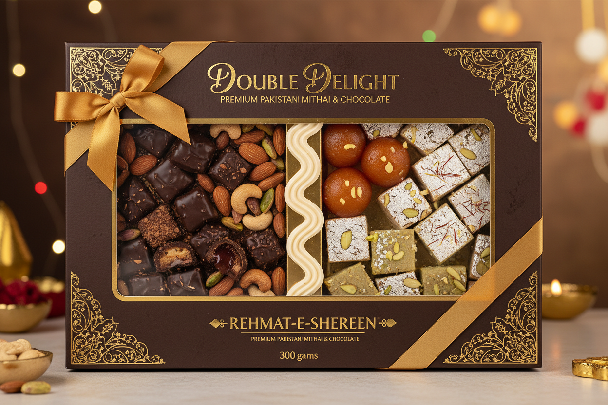 Double Delight 300 gm by Rehmat-e-Shereen&nbsp;ek zabardast mithai/chocolate pack hai jo do flavour combinations ya do layers ke saath aata hai — do alag experiences ek hi pack mein. Har bite mein swaad, texture aur quality ka balance milega. Yahin pack un lamhon ke liye hai jab aap chaho gift ho, treat ho, ya bas mood ho kuch meetha khaane ka.

Kyun Chunein Double Delight 300 gm?

🍫 Do Flavours / Do Layers Ka Maza: Agar mix ho to sweet + creamy ya chocolate + nuts, ya agar layers ho to ek upar thodi crunc