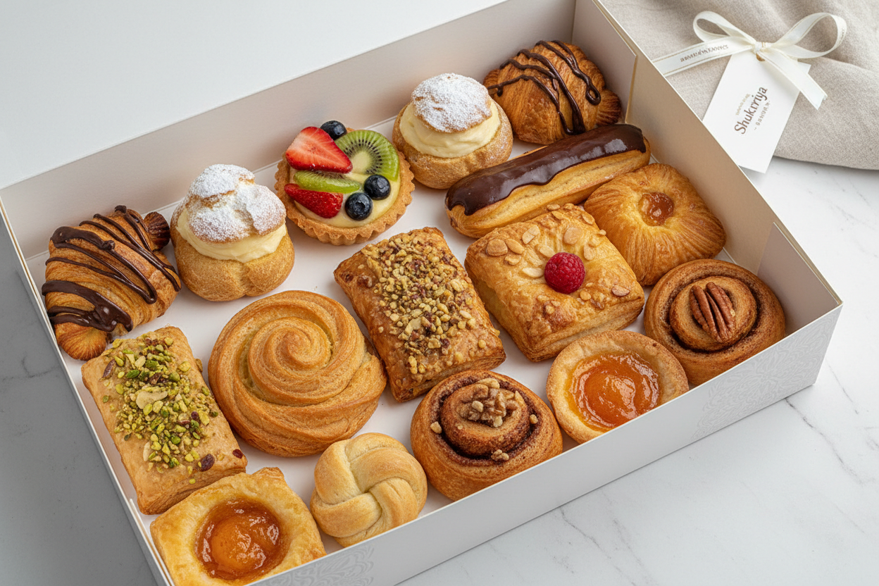 ✨ Ek Dozen (12) ki Variety Treat! Yeh Kitchen Cuisine (Islamabad/Pindi) ka popular Mix Pastries ka box hai. Isme 12 alag-alag tarah ki fresh pastries ka ek selection hota hai, jisme classic chocolate, fruit, cream, aur nutty flavors shaamil ho sakte hain (selection availability par depend karta hai). Soft, flaky, flavorful, aur har tarah ki craving ko satisfy karne ke liye perfect!



⚠️ Delivery Note



This product is available for delivery in Islamabad / Rawalpindi (ISB/PINDI) only.



🎁 Includes:



12