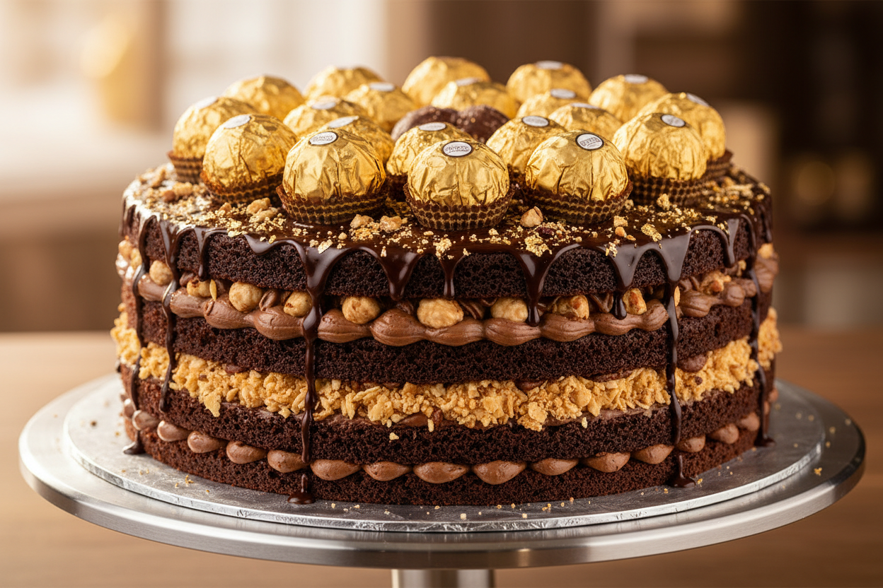 Ferrero Rocher chocolate ki shaan aur lazzat se bana hua 2.2 LBS ka behtareen cake! Har layer mein hazelnut ka crunch, creamy chocolate aur wafer ka maza shamil hai. Iski top par Ferrero Rocher chocolates ki sajawat isko ek premium aur luxurious look deti hai. Yeh ek aisa cake hai jo sirf khaaya nahi jaata, enjoy kiya jaata hai.

🎁 Includes:

2.2 LBS (Approx. 1 kg) of premium cake

Rich chocolate and hazelnut flavor profile

Decorated generously with real Ferrero Rocher chocolates and edible gold/nuts

Fre