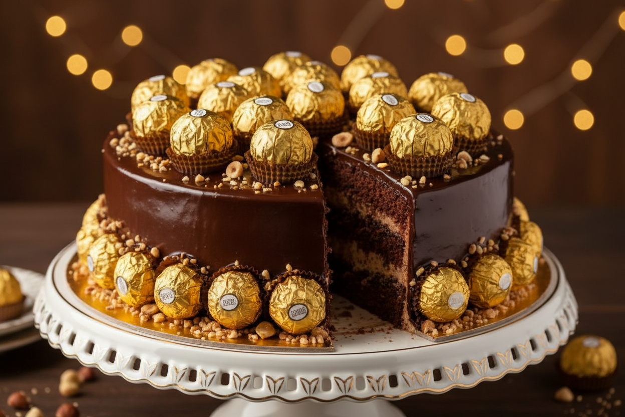 Ferrero Rocher ki shaan aur lazzat se bana hua 2.2 LBS ka premium cake! Rich chocolate, hazelnut ka crunch, aur upar se asli Ferrero Rocher chocolates ki sajawat. Yeh cake aapke mehmaanon ko shahi aur mehenga tohfa dene ke liye perfect hai.

🎁 Includes:

2.2 LBS (Approx. 1 kg) of premium hazelnut-chocolate flavored cake
Decorated generously with real Ferrero Rocher chocolates
Luxurious taste and presentation
Free custom message piping
FROM Hob Nob Cafe Karachi
