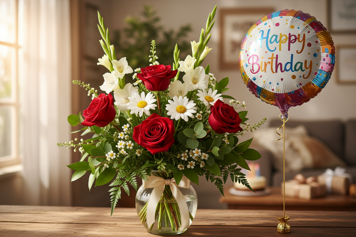FOLLOW EXACLTY ADN VERY VERY VERY REAL AND NOT LIKE AI

Birthday ke liye khaas arrangement — 4 Red Roses, 4 Daisy aur 4 Gladiolus ke sath “Happy Birthday” balloon. Ek yaadgaar surprise!

🎁 Includes:
4 Red Roses
4 Daisy stems
4 Gladiolus stems
1 Happy Birthday balloon
Free greeting card &amp; delivery

💐 Perfect For:
Birthday surprise, doston aur family ke liye