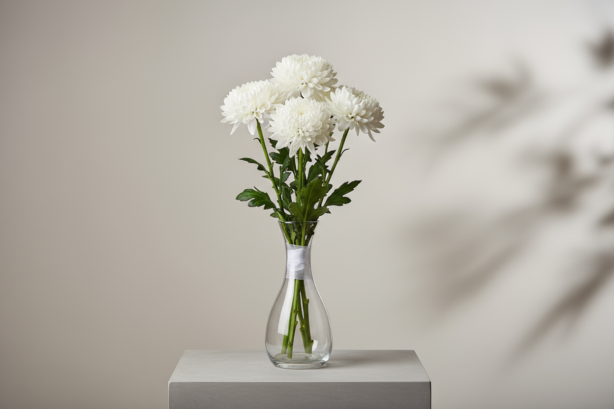 follow exactly 

6 White Chrysanthemum stems — simplicity aur peace ka izhar. Condolence ke liye graceful choice.

🎁 Includes:
6 White Chrysanthemum stems
Free greeting card &amp; delivery

💐 Perfect For:
Condolence, sympathy, ya peaceful occasions