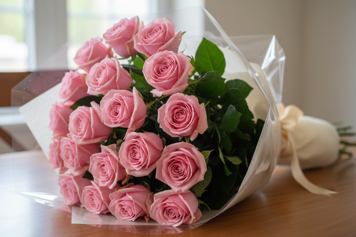 follow exactly and look really real 

1 Dozen Pink Roses — softness aur pyar ka ehsaas. Naram rang aur khushboo bhara bouquet.

🎁 Includes:
1 Dozen Pink Roses
Free greeting card &amp; delivery

💐 Perfect For:
Birthday, anniversary, ya friendship gift