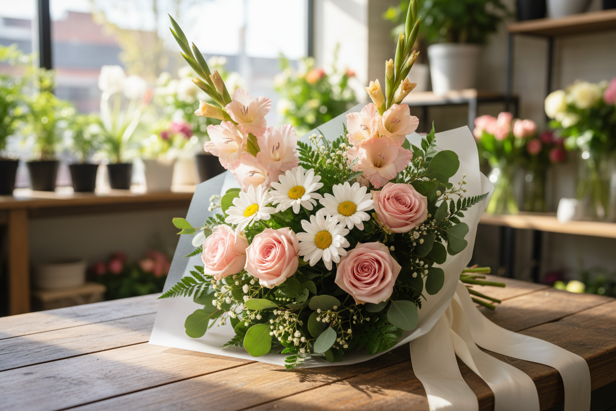 follow exactly and look really really real and no like AI

4 Pink Roses, 4 White Daisy aur 6 Gladiolus ka elegant combination — soft colors aur khushboo bhara bouquet.

🎁 Includes:
4 Pink Roses
4 White Daisy
6 Gladiolus
Free greeting card &amp; delivery

💐 Perfect For:
Anniversary, birthday, ya congratulations ke liye