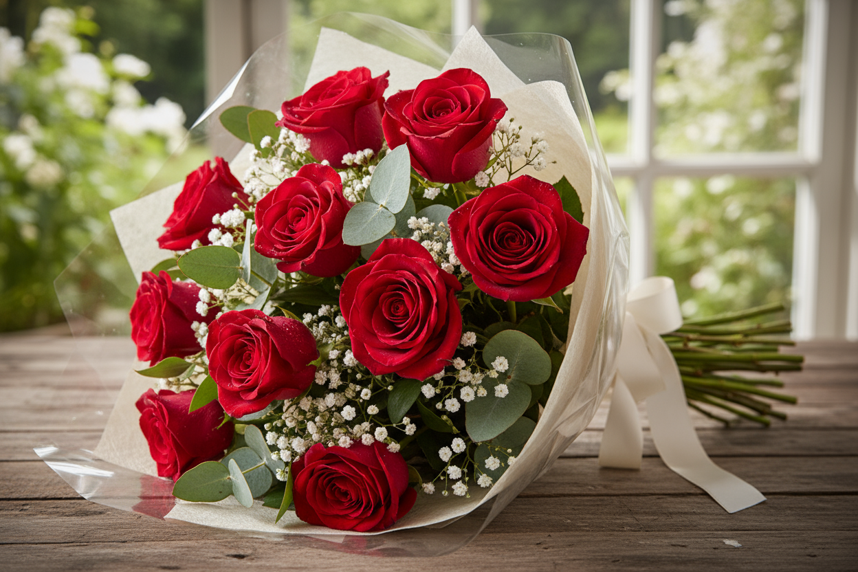 FOLLOW EXACTLY AND LOOK REALLY REALLY REAL NOT AI

7 lambi aur khushbodar red roses fillers ke sath — simple, elegant aur dil jeet lene wala bouquet.

🎁 Includes:
7 Long Stem Roses
Fillers
Free greeting card &amp; delivery

💐 Perfect For:
Romantic gift, proposal, ya “I love you” kehne ka andaaz