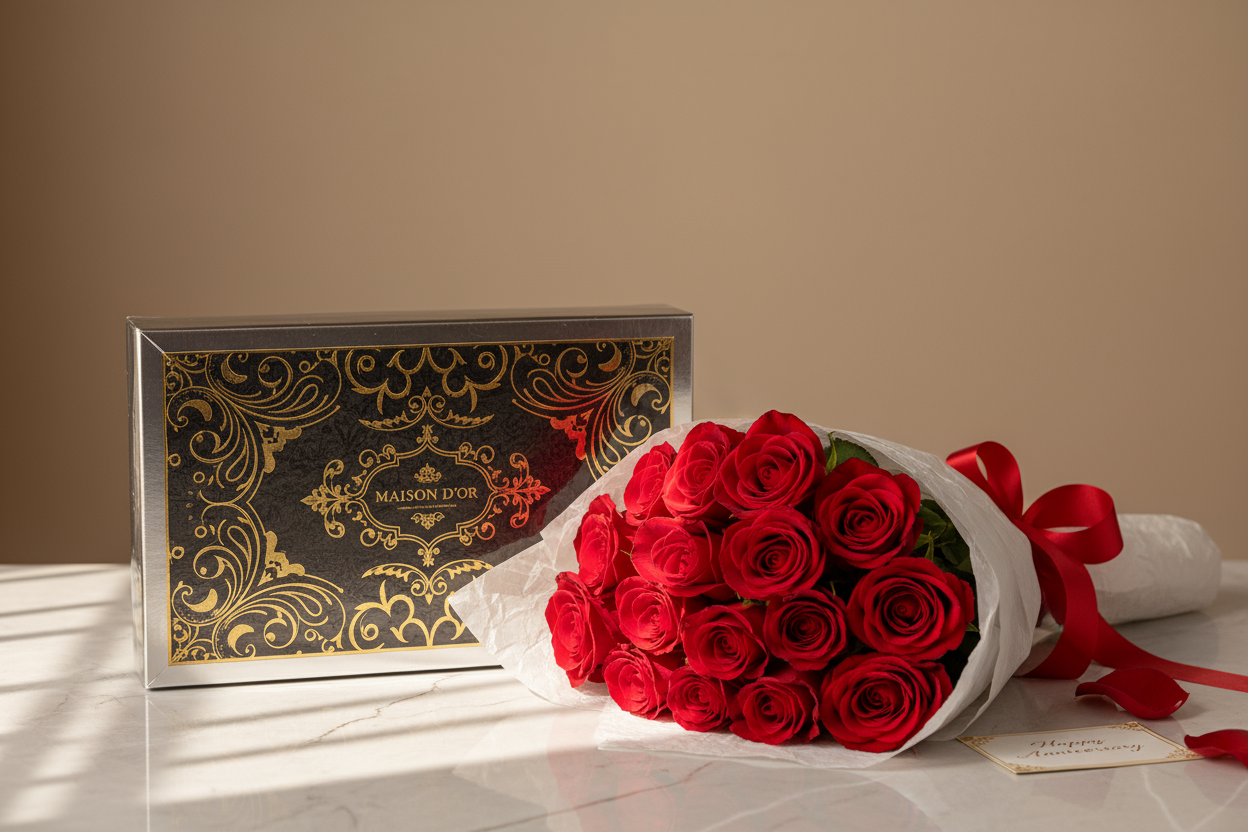 follow exactly and look very very realistic and not like AI

Imported Chocolate Box 250 gm + Dozen Red Desire Roses (Local) ek be-misaal combo hai jisme imported chocolates ki richness aur laal gulabon ki mohabbat bhari khushboo dono shamil hain. Chaahe gift ho anniversaries ka, birthday ho, ya bas express karna ho ke “Tum ho mere dil ke kareeb”, ye combo har jazbaat ko ek extra sparkle deta hai.

Kyun Chunein Ye Chocolate + Roses Combo?

🍫 Imported Chocolate Box: 250 gram meetha chocolate assortment — kad