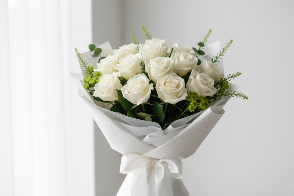 follow exactly and not like AI


White Roses Bouquet – 12 Roses ek pur-sakoon aur nazakat se bhara bouquet hai jo mohabbat, izhaar-e-yaad, ya narm dosti ka paighaam deta hai. Barah safed roses ki khubsurti — jaisa chandni raat ka noor — in phoolon mein nazar aur dil dono ko chain aur elegance milti hai.

Har rose carefully selected hai taaza dhoop-sa lautne wali freshness ke sath; wrapping simple magar classy hai, jisme white tones aur subtle green fillers shamil hain taake bouquet aur bhi nazuk lage.

Kyun