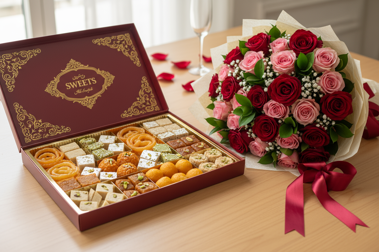 follow exactly below and look really realistic and Not AI

Mix Mithai 1kg + Roses Bouquet ek behtareen combo hai — mithi mithai ka swaad aur phoolon ki rangeen khushboo saath lane wala, jab aap kisi ko khaas surprise aur khushi dena chahte ho. Ye gift har celebration ko aur bhi yaadgar bana deta hai, chahe birthday ho, Eid ho, ya bas dosti aur mohabbat ka izhar.

Har mithai mix carefully selected hai, quality mein premium; aur bouquet mein gulabo ki khubsurti, taazgi aur nazakat hogi — dono mil kar ek perfe