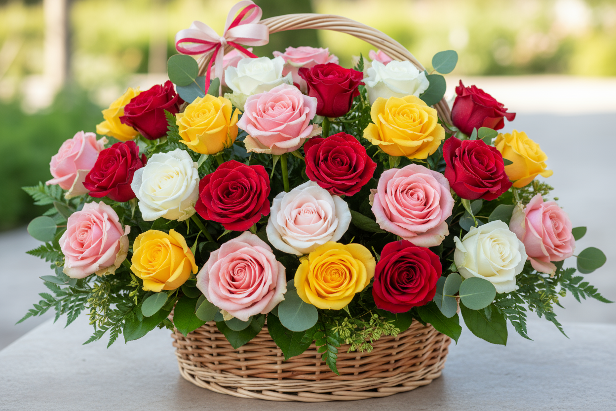 follow exactly from below and look really realistic and Not AI

Mix Roses Basket – 24pcs ek rangin aur dil ko chu jaane wala arrangement hai. Chaahe aap dosti mana rahe ho, mohabbat ka izhar karna ho, ya kisi ko yaad dilana ho ke woh khaas hain — ye basket khushboo aur nazakat se bharpur hai. Har gulab carefully chuna gaya hai taaza rangon, petalon aur aroma ke liye; basket presentation usay ek elegant aur yaadgaar gift banata hai.

Kyun Chunein Mix Roses Basket – 24pcs?

🌹 Rang-Birangi Selection: 24 roses