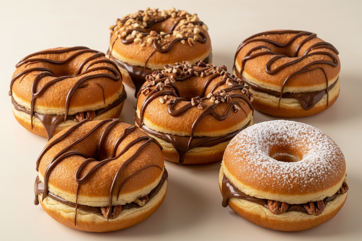 Freshly baked, fluffy indulgence! Yeh hain 6 soft aur airy donuts, har ek generously filled hai creamy, world-famous Nutella se. Upar se bhi rich Nutella drizzle aur aksar kuch crunchy nuts ya icing sugar se garnish kiya gaya hai. Har bite mein milega Hazelnut-Chocolate ka perfect kick!

🎁 Includes:
6 pieces of large, yeast-raised, fluffy donuts.
Authentic Nutella hazelnut spread filling in the center.
Extra Nutella drizzle on top for maximum flavor.
From Del Frio Bakery Karachi
