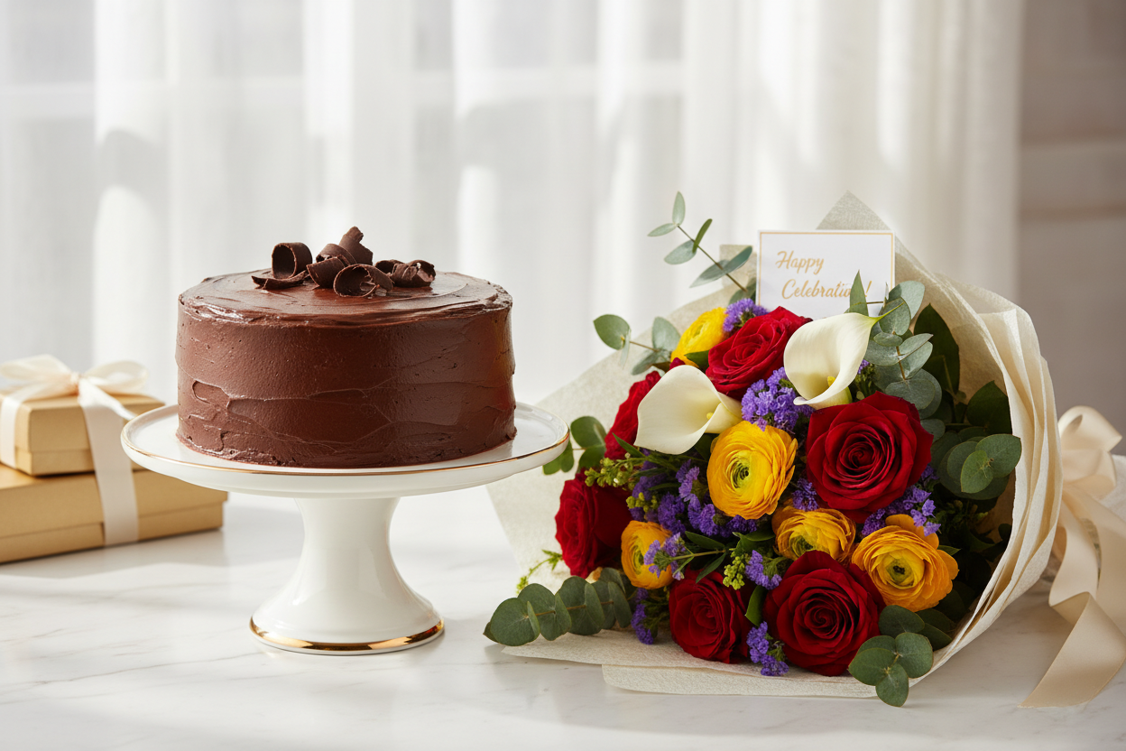 Fudge Cake 1 lbs with Flower Bouquet aik lajawab combination hai — meethi fudgy cake jo mooh mein paighaam chhor jaye, aur saath hi ek pyara phoolon ka bouquet jo nazar aur dil dono ko khush kar de. Chahe birthday ho, kaam mein taraqqi, ya bas kisi ko surprise dena ho — ye combo har pal ko khaas bana deta hai.

Cake moist aur rich chocolate fudge se bana hai, aur bouquet fresh phoolon se sajaya gaya hai, dono milkar ek yaadgar tajarba banate hain.

Kyun Chunein Fudge Cake 1 lbs + Flower Bouquet?

🍫 Chocola