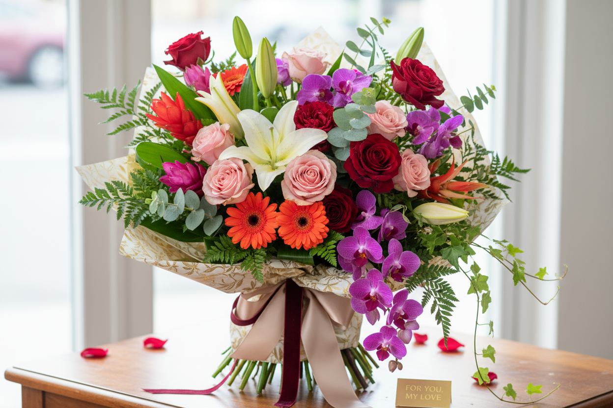 Global Garden Elegance ek khaas bouquet hai jo dūr-dil phoolon aur vibrant rangon ka jashn hai. Har phool aise intekhab kiya gaya hai ke woh dekhne mein nazuk, boo mein mehka aur har nazar ko rok lene wala ho. Yeh bouquet un lamhon ke liye hai jab aap chahte hain ke gift sirf ek cheez na ho, balki yaadgar ehsaas ho.

Kyun Chunein Global Garden Elegance?

🌼 Phoolon Ki Khaas Variety: Rangen-birangi blooms jo ek saath milkar ek unique combination banate hain.
🌼 Handpicked Freshness: Local ya trusted import s