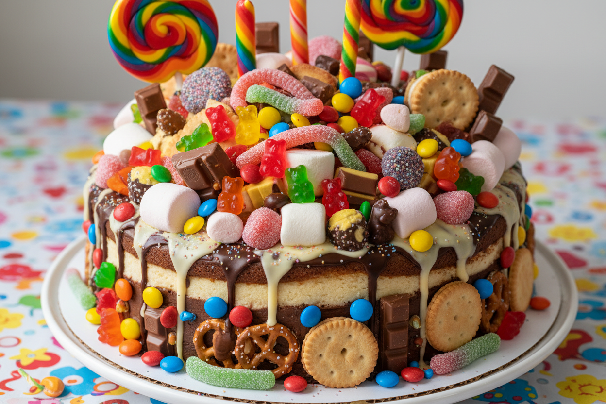 Har tarah ki colourful aur mazedaar candies se saja hua 3 LBS ka fun aur exciting cake! Yeh cake dekhte hi party mood set ho jaata hai. Soft aur meetha cake jiski topping par aapke pasandeeda chocolates, gummies, aur sweets honge. Bachon ki parties aur sweet lovers ke liye yeh ek perfect dhamaka hai.

🎁 Includes:

3 LBS (Approx. 1.35 kg) of brightly themed cake
Topped with a vibrant assortment of popular candies, chocolates, and sweets
Choice of base flavor (e.g., vanilla or light chocolate)
Free custom me