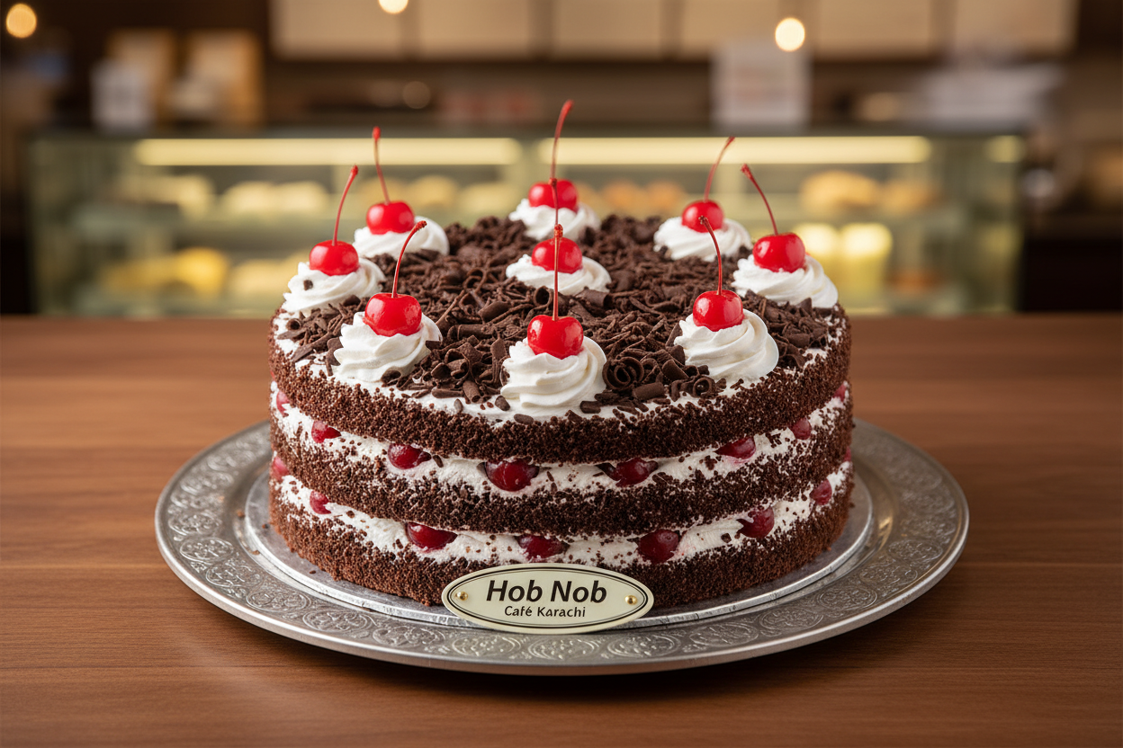 Hob Nob ka classic 2.2 LBS Black Forest Cake! Moist chocolate sponge, taazi cream, aur juicy cherries ka yeh combination sada-bahar aur hamesha hit rehta hai. Yeh ek aisa cake hai jo har umar ke logon ko pasand aata hai.

🎁 Includes:

2.2 LBS (Approx. 1 kg) of traditional Black Forest Cake
Layers of chocolate sponge, whipped cream, and cherries
Garnished with chocolate shavings
Free custom message piping
FROM Hob Nob Cafe Karachi
