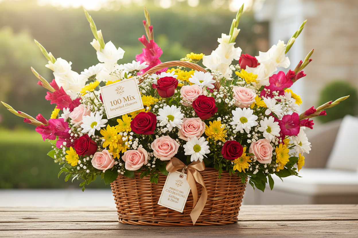 just follow this don't add anyting extra

100 Mix Imported Flowers Basket — Daisy, Roses aur Gladiolus ka elegant combination.

🎁 Includes:
100 Mix Flowers
Basket arrangement
Free greeting card &amp; delivery

💐 Perfect For:
Celebrations, gifting, ya décor arrangement
