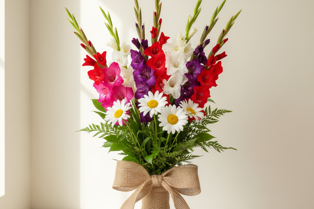 Khubsurat mix imported flowers bunch jo 4 Daisy aur 8 Gladiolus stems par mushtamil hai. Har mauqe ke liye ek pyara aur rangeen tohfa.

🎁 Includes:
4 Daisy stems
8 Gladiolus stems
Free greeting card aapke paighaam ke saath
Free delivery poori Pakistan mein

💐 Perfect For:
Birthday, thank you, get well soon, ya kisi bhi khushgawar lamhe ke liye