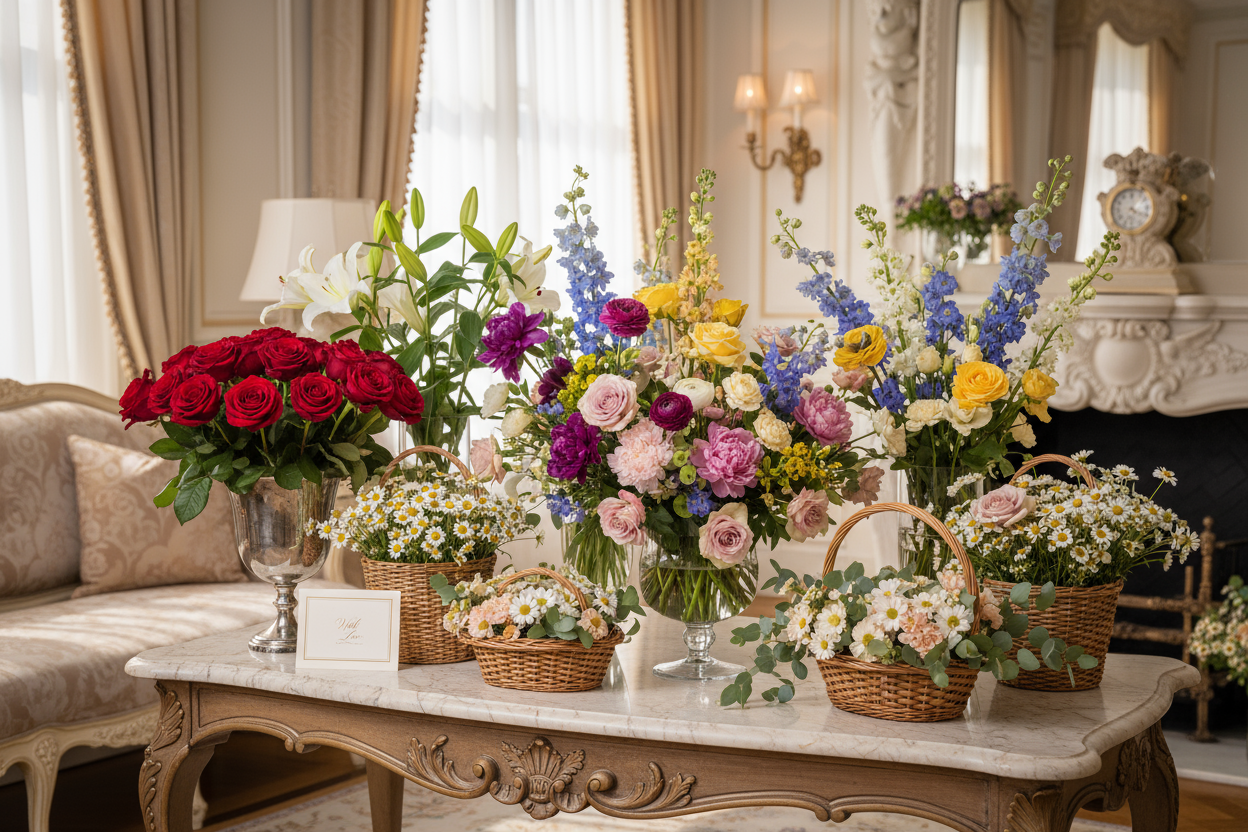 Khushbu aur khubsurti se bhara kamra! 2 Dozen Mix Bunch, 1 Dozen Red Roses, Lilies, Daisies aur aur mix baskets ka luxury combo.

🎁 Includes:
Multiple imported bunches &amp; baskets
Free greeting card &amp; delivery

💐 Perfect For:
Weddings, anniversaries, ya surprise setup

Dont put too many flowers just put as told above