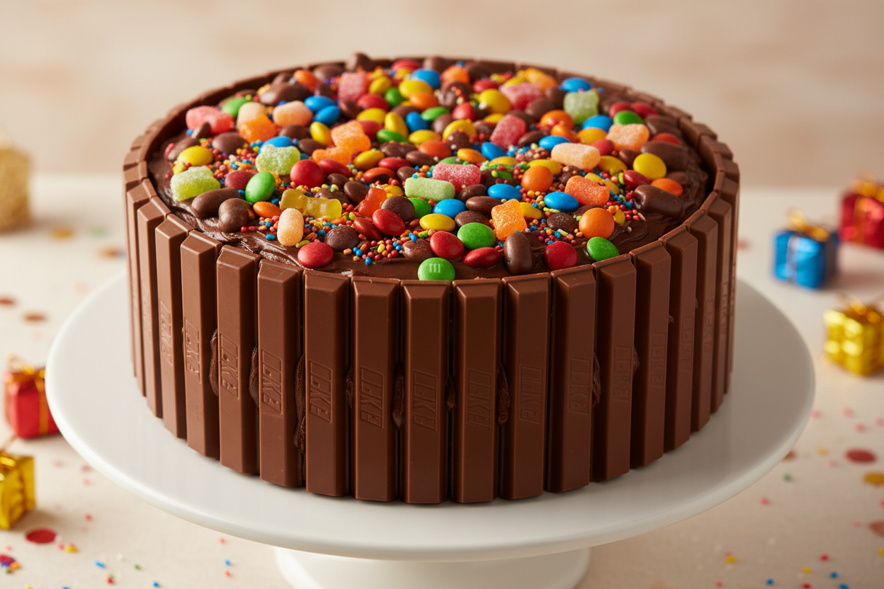 KitKat ki crunch aur chocolate ki creaminess se bana hua 2.2 LBS ka anokha cake! Is cake ki side walls KitKat bars se cover hoti hain aur upar colorful chocolates ki topping hoti hai. Ek unique presentation aur mazedaar zaiqa jo sabko break lene par majboor kar dega!

🎁 Includes:

2.2 LBS (Approx. 1 kg) of rich chocolate cake
Fully bordered with real KitKat chocolate fingers
Topped with colorful M&amp;Ms, gems, or other assorted candies
Free custom message piping
Free greeting card &amp; delivery

✨ Perfec