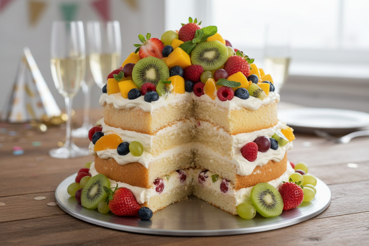 

🍓 Large Freshness ka Celebration! Yeh 4.4 LBS ka cake light vanilla sponge layers, sweet, smooth cream, aur seasonal fresh fruits se loaded hota hai. Visually beautiful aur taste mein ekdam fresh! Badi gatherings ke liye perfect.

🎁 Includes:

4.4 LBS (Approx. 2.0 \text{ kg}) of light sponge and fresh cream.
Topped and layered with a variety of fresh, seasonal fruits.
Great for serving a large group.
Free custom message piping &amp; delivery.

💥 Perfect For:

Large Gatherings, Elegant Parties, Fruit Lo