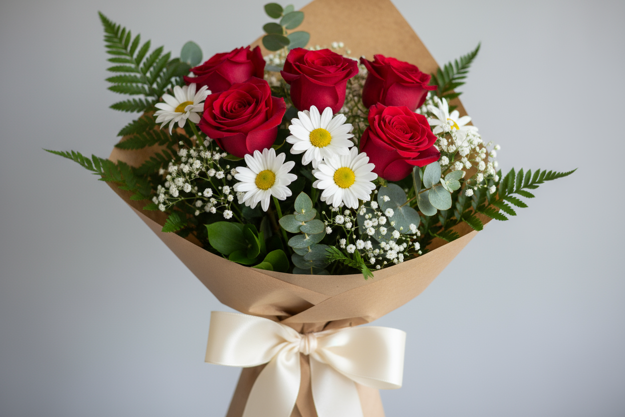 look exactly and look really really real and not at all AI

5 Red Roses aur 3 White Daisy stems ke sath beautiful arrangement. Red aur white ka perfect romantic touch.

🎁 Includes:
5 Red Roses
3 White Daisy stems
Fillers
Free greeting card &amp; delivery

💐 Perfect For:
Anniversary, Valentine’s Day, ya romantic surprise