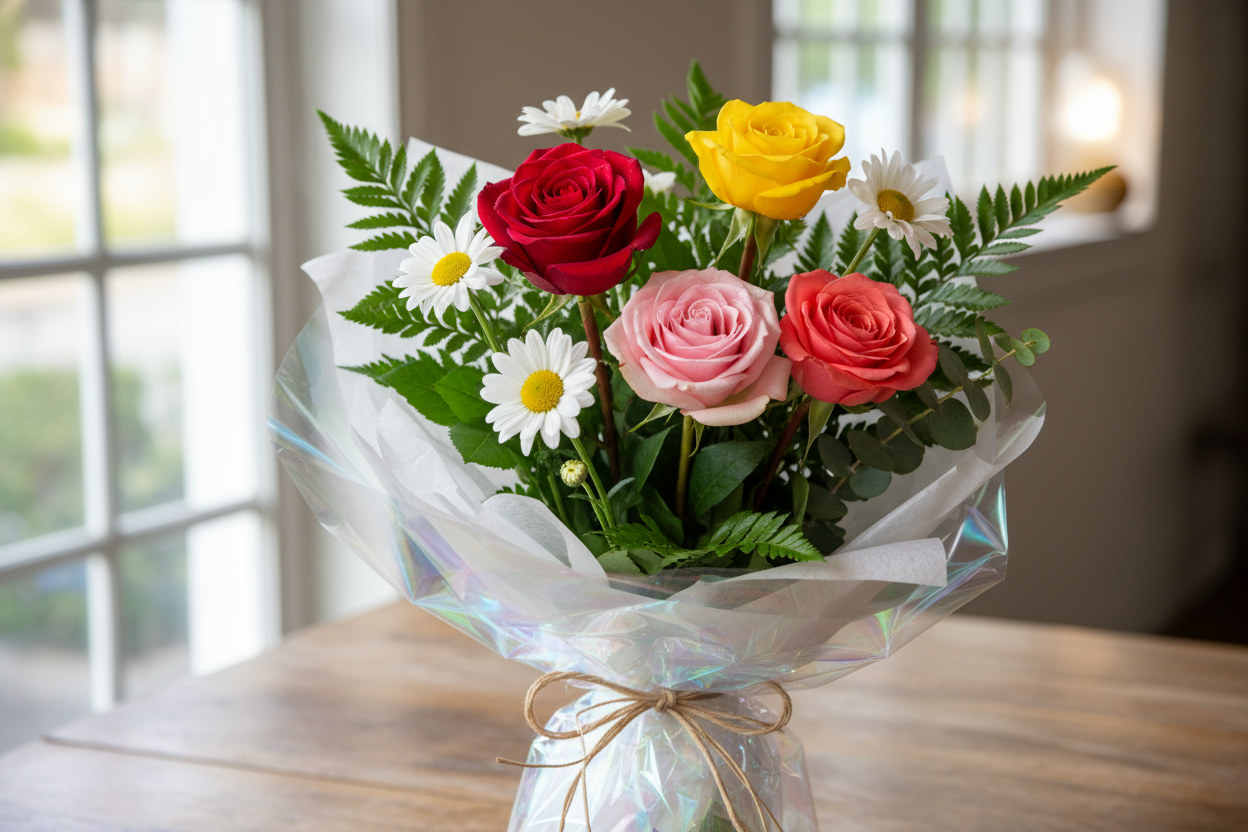 look like real life and no at all AI

4 Roses aur 4 Daisy stems ka rangeen aur khushgawar bouquet. Har phool apni chamak se dil jeet lega!

🎁 Includes:
4 Roses
4 Daisy stems
Free greeting card &amp; delivery

💐 Perfect For:
Birthday, thank you, ya kisi ko khush karne ke liye