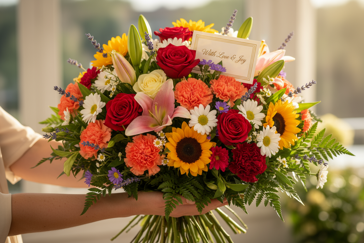 look real and make it look like someone is giving it to you 

36 mix phoolon ka ye colorful arrangement har din ko khaas bana dega. Har rang khushi aur mohabbat ka izhar karta hai.

🎁 Includes:

3 Dozen taaza mix phool

Free greeting card aapke paighaam ke saath

Free delivery poori Pakistan mein