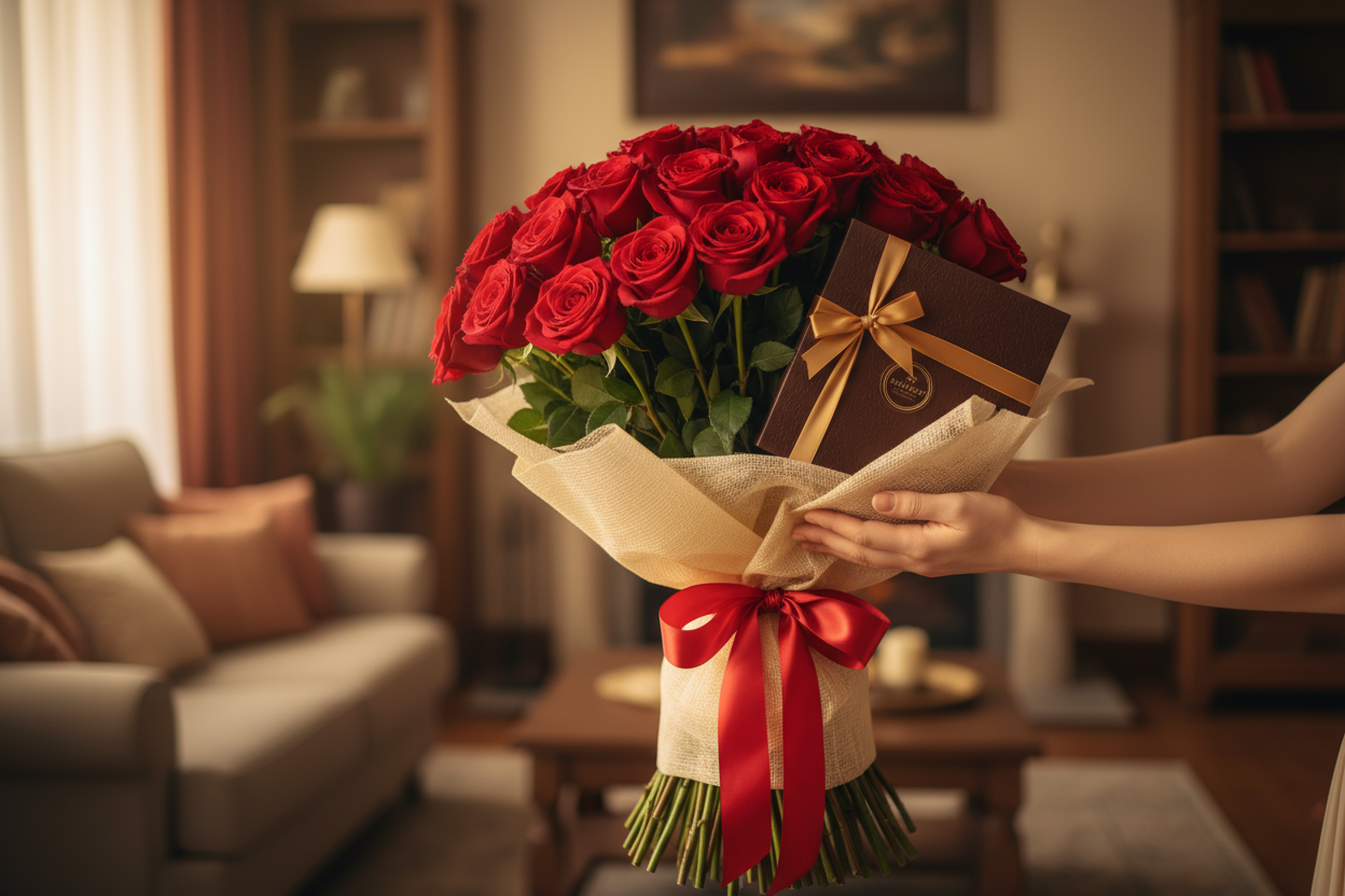 look real and make it look like someone is giving it to you 

Mohabbat aur mithas ek saath — red roses aur chocolates ka ye combo har dil ko choo le.

🎁 Includes:

Red roses bouquet

Premium chocolates

Free greeting card

Free delivery poori Pakistan mein