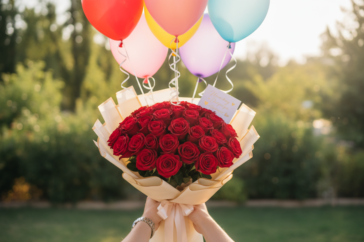 look real and make it look like someone is handing it to you 

Khushi aur mohabbat ka milta-julta combo — 24 gulab aur colorful balloons jo har lamha yaadgaar bana dein.

🎁 Includes:

2 Dozen taaza gulab

Colorful balloons

Free greeting card aapke paighaam ke saath

Free delivery poori Pakistan mein