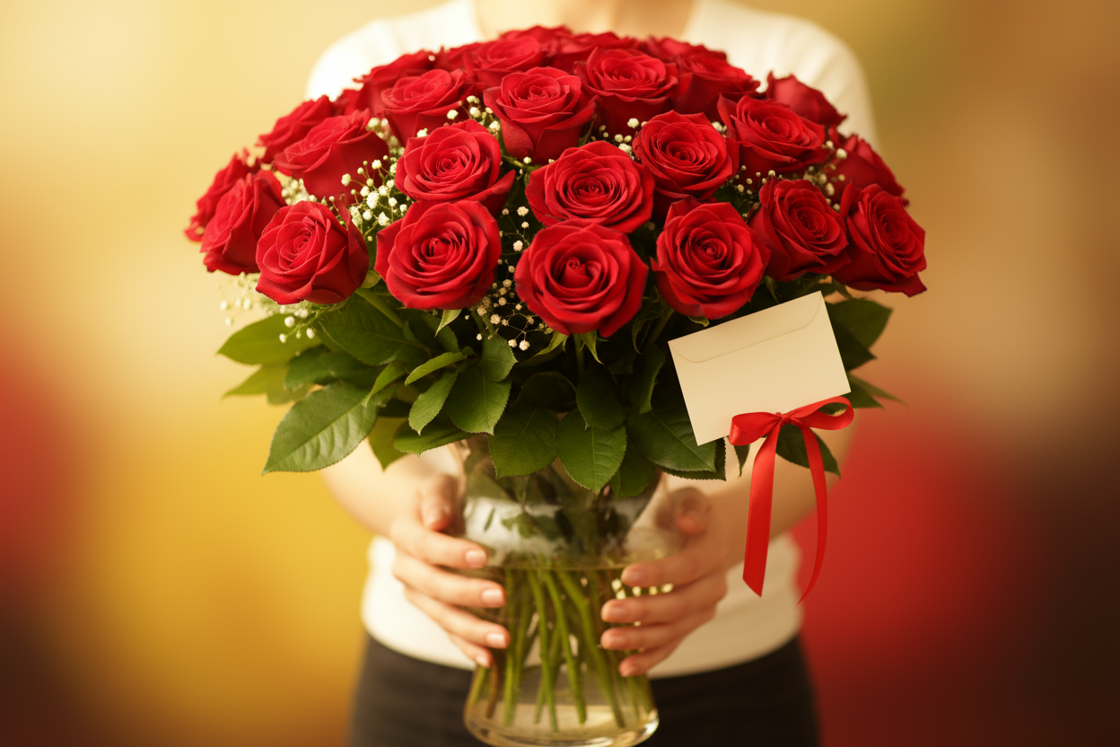 look real and make it look like somone is giving it to you 

36 laal gulabon ka vase arrangement — classy, romantic aur ready to gift. Har phool pyaar ki kahani bayan karta hai.

🎁 Includes:

3 Dozen laal gulab vase ke andar

Free greeting card aapke paighaam ke saath

Free delivery poori Pakistan mein