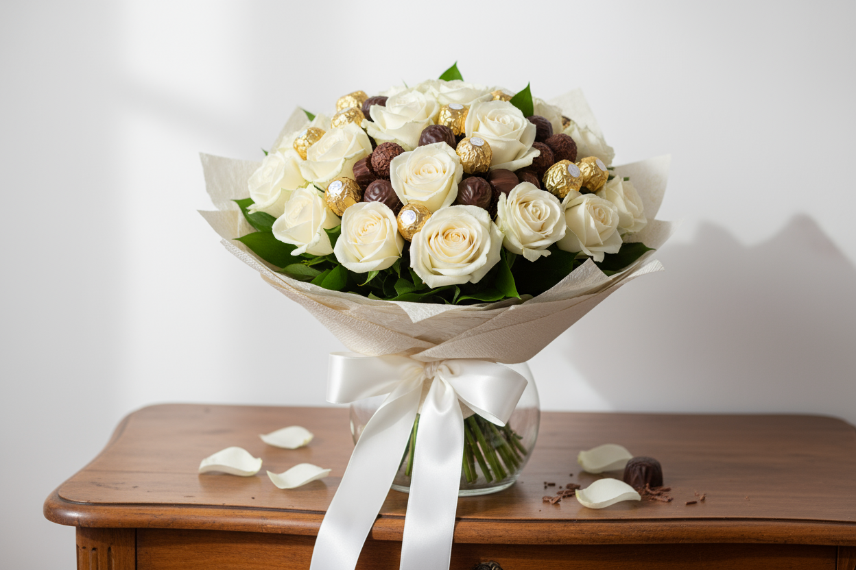 LOOK VERY VERY REAL

White Roses and Chocolate Bouquet ek elegant aur dil-se gift hai jo phoolon ki nazakat aur chocolate ki mithaas ko saath laata hai. Safed gulab ki khushboo aur imported ya rich chocolate ka swaad mil kar woh lamha create karte hain jo yaadgar ho.

Kyun Chunein White Roses and Chocolate Bouquet?

🌹 Safed Gulabon Ka Pur-Narm Izhaar: White roses, jinhon ne purity aur nazakat ka paighaam deta hai.
🍫 Chocolate Ka Meetha Surprise: Chocolate jo bouquet ke saath shaamil hai, har nibble se khu