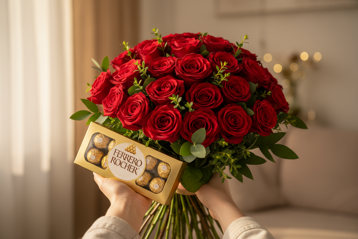 make it look like someone is giving it to you and look real 

36 laal gulab aur Ferrero Rocher chocolates — ek classy aur romantic gift jo har mauqe ke liye perfect hai.

🎁 Includes:

3 Dozen red roses

Ferrero Rocher chocolates

Free greeting card

Free delivery poori Pakistan mein